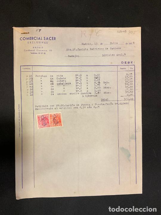 Factures anciennes: FACTURA. COMERCIAL SACER. EXCLUSIVAS. MADRID. 1956 PERCHAS DE NI&Ntilde;OS