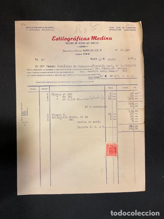 Factures anciennes: FACTURA. ESTILOGRAFICAS MEDINA. RELOJES DE TODAS LAS MARCAS. MADRID 1956