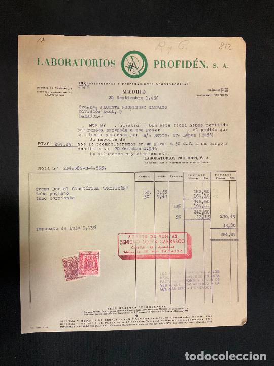 Factures anciennes: FACTURA. LABORATORIOS PROFIDEN. MADRID 1956. INVESTIGACIONES Y PREPARACIONES ODONTOLOGICAS