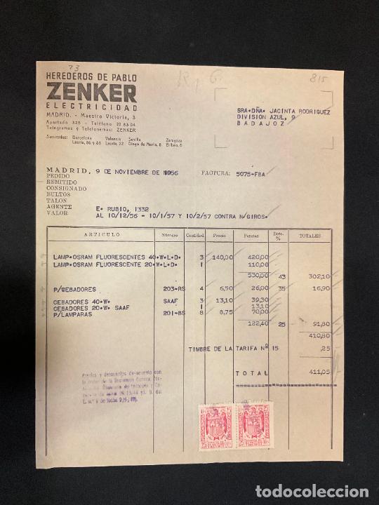 Factures anciennes: FACTURA. HEREDEROS DE PABLO ZENKER. ELECTRICIDAD. MADRID 1957. ZENKER