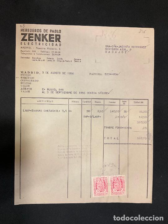 Factures anciennes: FACTURA. HEREDEROS DE PABLO ZENKER. ELECTRICIDAD. MADRID 1956. ZENKER