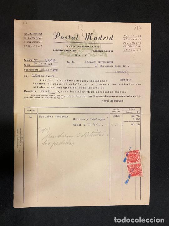 Factures anciennes: FACTURA. POSTAL MADRID. RECORDATORIOS DE COMUNION Y DEFUNCION ESQUELAS.