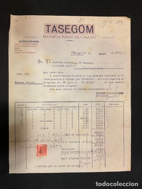 Factures anciennes: FACTURA. TASEGOM. MANUFACTURAS DE CAUCHO. MADRID 1956. PELOTAS