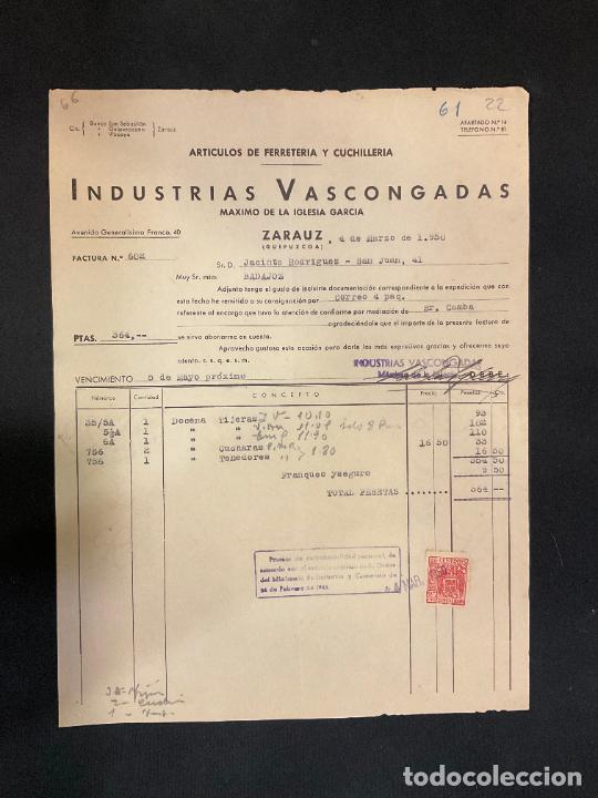 Factures anciennes: FACTURA. INDUSTRIAS VASCONGADAS. FERRETERIA Y CUCHILLERIA. ZARAUZ GUIPUZCOA 1950