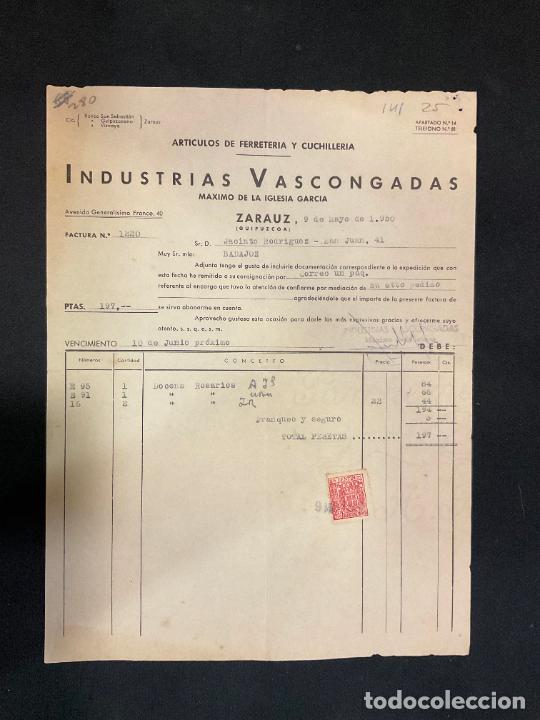 Factures anciennes: FACTURA. INDUSTRIAS VASCONGADAS. FERRETERIA Y CUCHILLERIA. ZARAUZ GUIPUZCOA 1950