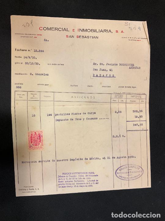 Factures anciennes: FACTURA. COMERCIAL E INMOBILIARIA SAN SEBASTIAN. 1950. PASTILLAS FLORES.