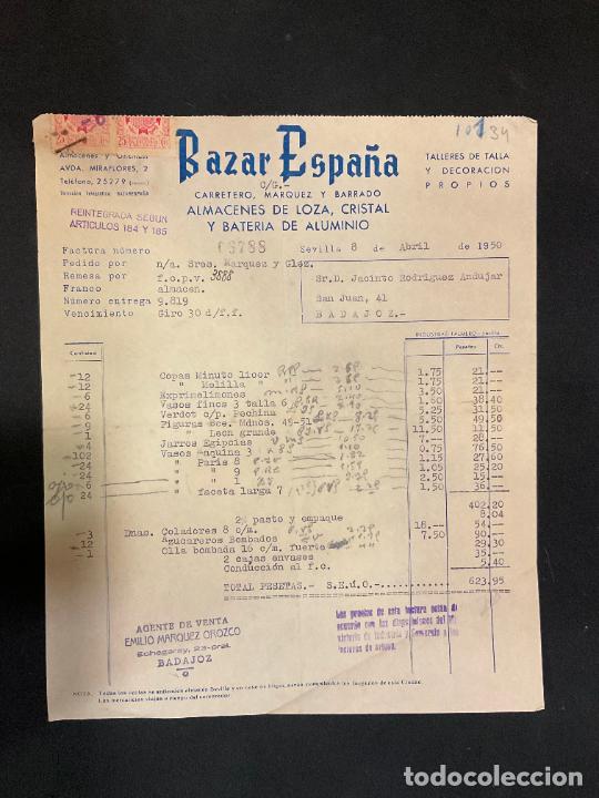 Factures anciennes: FACTURA. BAZAR ESPA&Ntilde;A. ALMACENES DE LOZA, CRISTAL Y BATERIA DE ALUMINIO. SEVILLA 1950