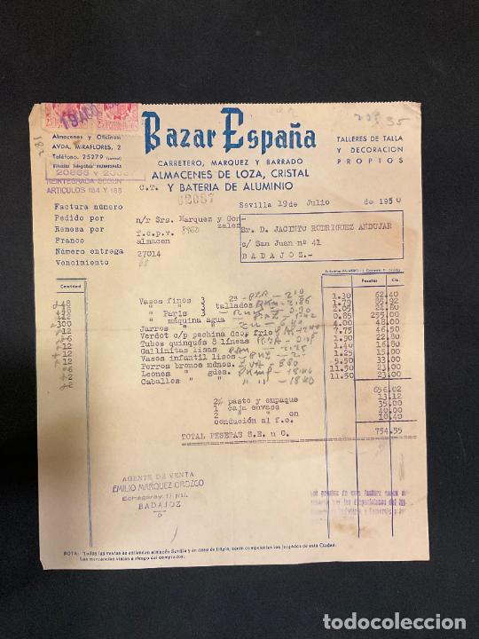 Factures anciennes: FACTURA. BAZAR ESPA&Ntilde;A. ALMACENES DE LOZA, CRISTAL Y BATERIA DE ALUMINIO. SEVILLA 1950