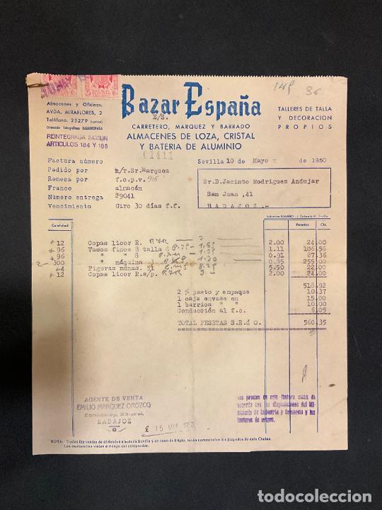 Factures anciennes: FACTURA. BAZAR ESPA&Ntilde;A. ALMACENES DE LOZA, CRISTAL Y BATERIA DE ALUMINIO. SEVILLA 1950