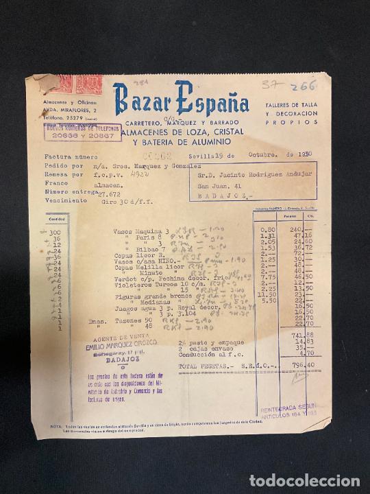 Factures anciennes: FACTURA. BAZAR ESPA&Ntilde;A. ALMACENES DE LOZA, CRISTAL Y BATERIA DE ALUMINIO. SEVILLA 1950