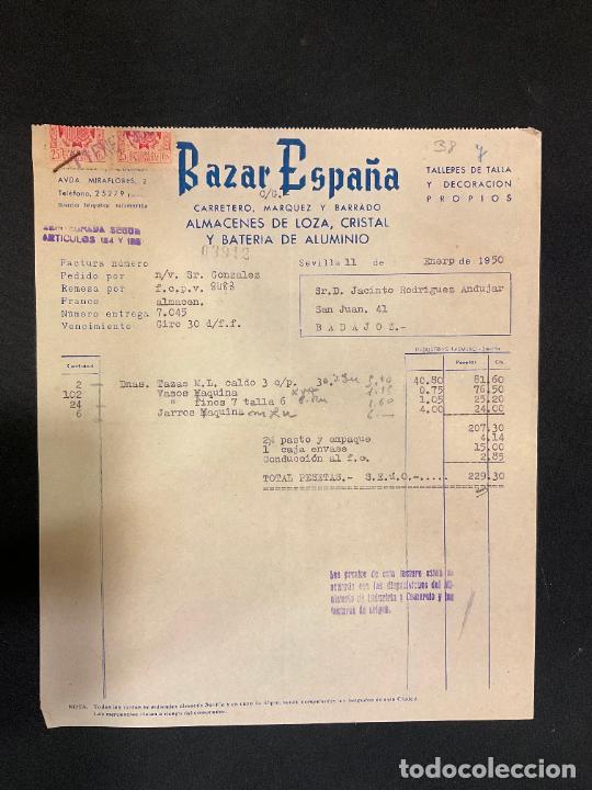 Factures anciennes: FACTURA. BAZAR ESPA&Ntilde;A. ALMACENES DE LOZA, CRISTAL Y BATERIA DE ALUMINIO. SEVILLA 1950