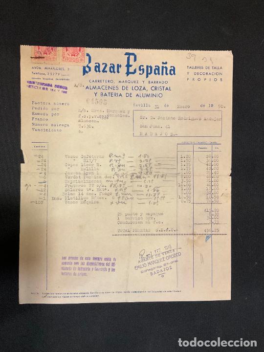 Factures anciennes: FACTURA. BAZAR ESPA&Ntilde;A. ALMACENES DE LOZA, CRISTAL Y BATERIA DE ALUMINIO. SEVILLA 1950