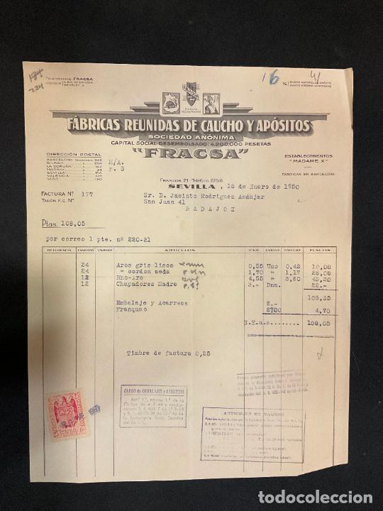 Factures anciennes: FACTURA. FABRICAS REUNIDAS DE CAUCHO Y APOSITOS. FRACSA. SEVILLA 1950.