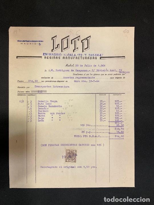 Factures anciennes: FACTURA. LOTU. RESNAS MANUFACTURADAS. MADRID 1964. CABALLO TROYA. PATO LUIS.