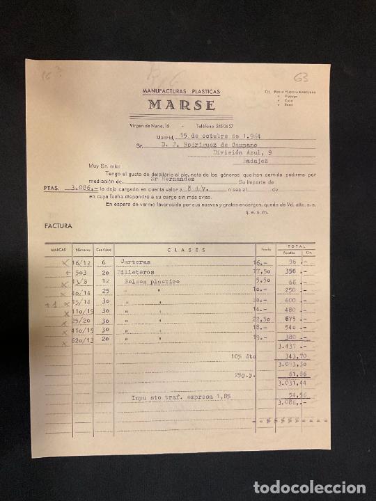 Factures anciennes: FACTURA. MANUFACTURAS PLASTICAS MARSE. MADRID 1964. CARTERAS BILLETEROS.