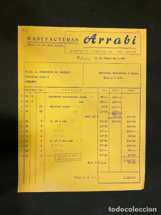 Old Invoices: FACTURA. MANUFACTURAS ARRABI. FABRICA DE ARTICULOS COLEGIALES. VALENCIA. 1960