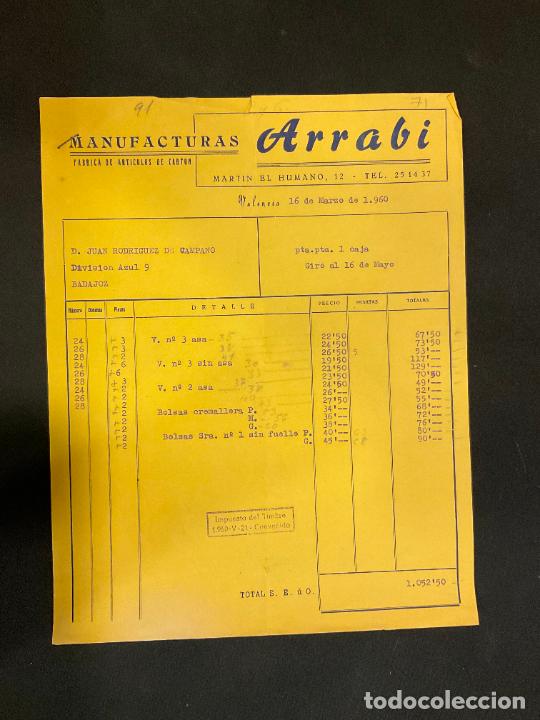 Old Invoices: FACTURA. MANUFACTURAS ARRABI. FABRICA DE ARTICULOS COLEGIALES. VALENCIA. 1960