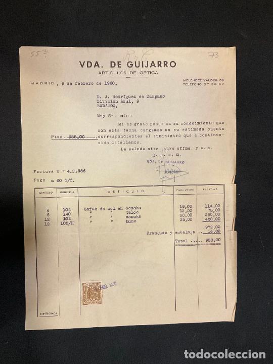 Old Invoices: FACTURA. VIUDA DE GUIJARRO. ARTICULOS DE OPTICA. MADRID 1960. CAFAS DE SOL