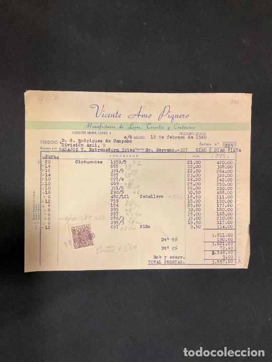 Old Invoices: FACTURA. VICENTE AMO PIQUERO. MANUFACTURAS DE LIGAS, TIRANTES, CINTURONES. MADRID 1960