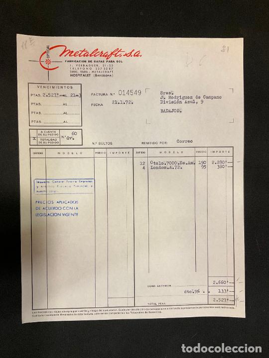Old Invoices: FACTURA. METALCRAFT. OPTICAL. ARMAZONES METALICOS PARA GAFAS. HOSPITALET. BARCELONA. 1972