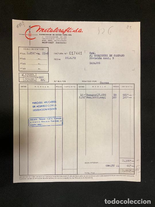 Old Invoices: FACTURA. METALCRAFT. OPTICAL. ARMAZONES METALICOS PARA GAFAS. HOSPITALET. BARCELONA. 1972