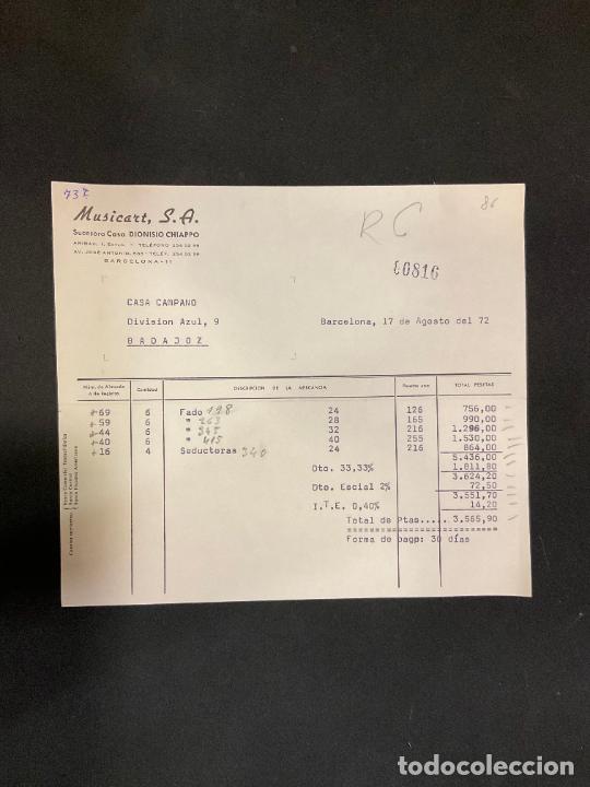 Old Invoices: FACTURA. MUSICART. SUCESORA DE DIONISIO CHIAPPO. BARCELONA. 1972
