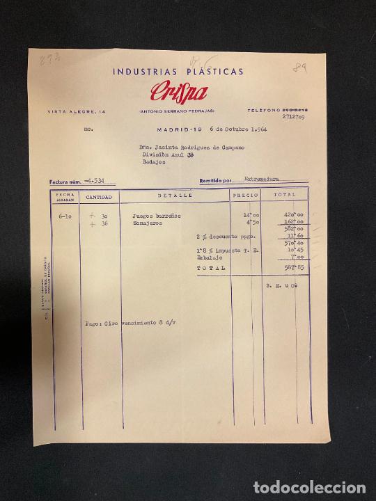 Old Invoices: FACTURA. INDUSTRIAS PLASTICAS. CRISPA. ANTONIO SERRANO PEDRAJAS. MADRID 1964