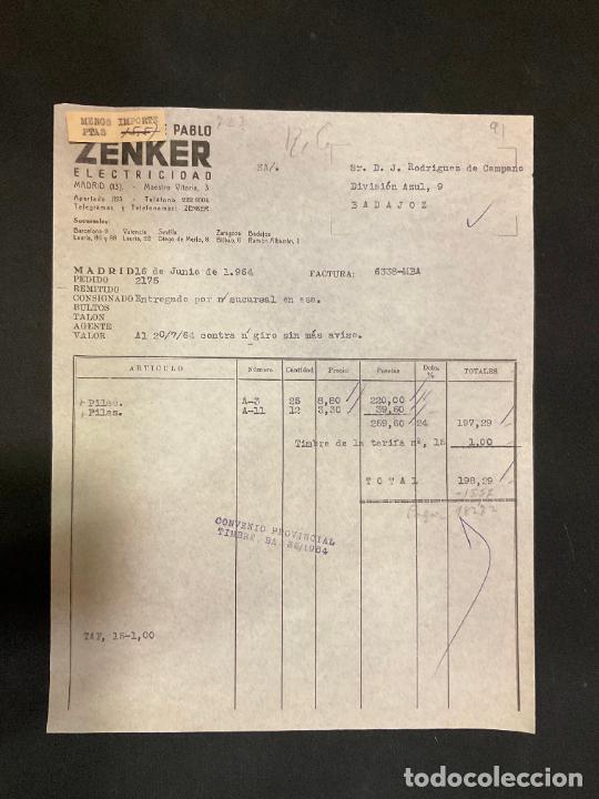 Old Invoices: FACTURA. HEREDEROS DE PABLO ZENKER. ELECTRICIDAD. MADRID 1964. ZENKER