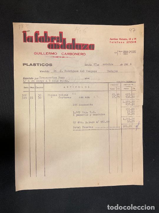 Old Invoices: FACTURA. LA FABRIL ANDALUZA. GUILLERMO CARBONERO. SEVILLA 1964. PLASTICOS