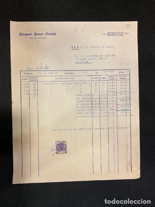 Old Invoices: FACTURA. GASPAR JOVER CERDA. SAX. ALICANTE. 1964. CINTURONES