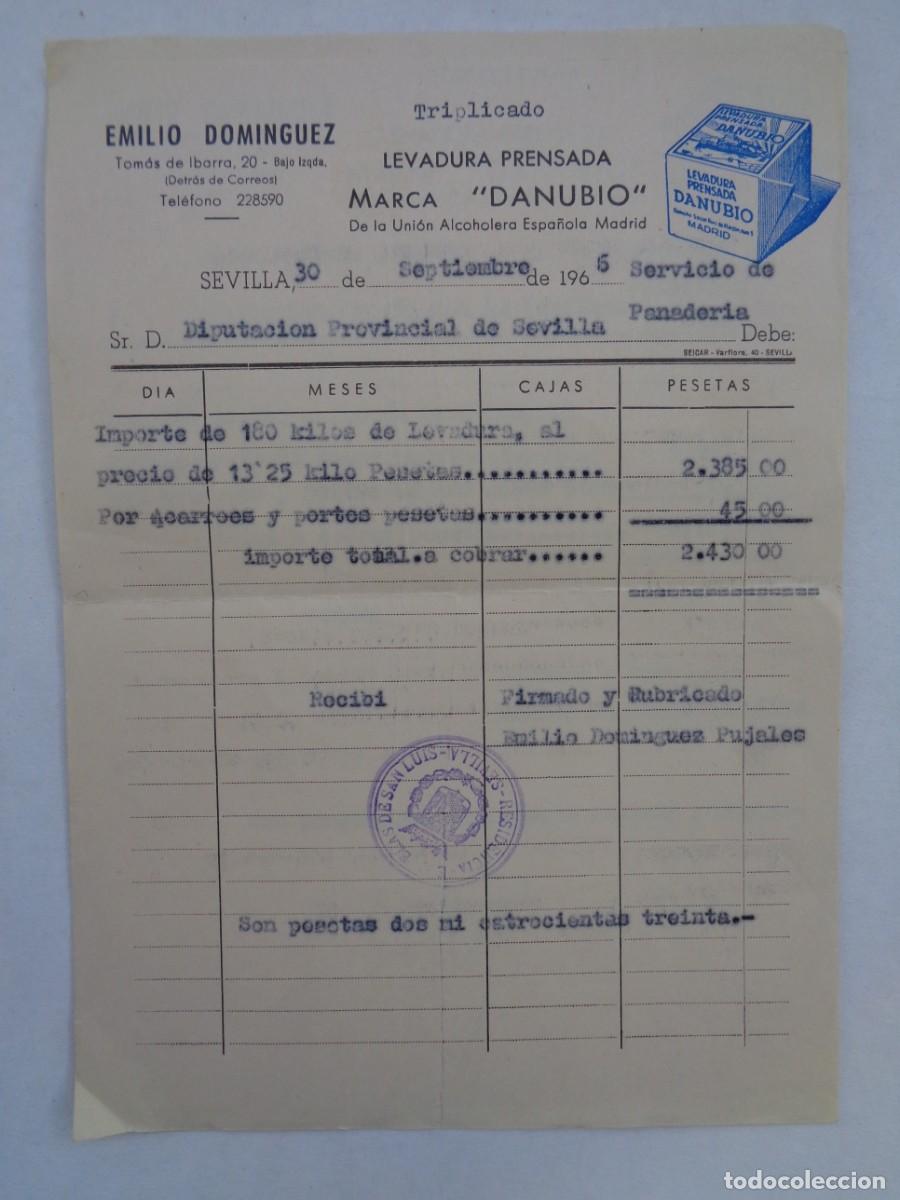 Factures anciennes: FACTURA DE EMILIO DOMINGUEZ , LEVADURA PRENSADA MARCA &uml; DANUBIO &uml;. PARA DIPUTACION SEVILLA, 1966