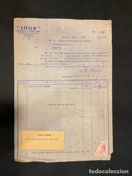 Factures anciennes: FACTURA. IDOR. INDUSTRIAL DE OPTICA ROBLES. MADRID 1959