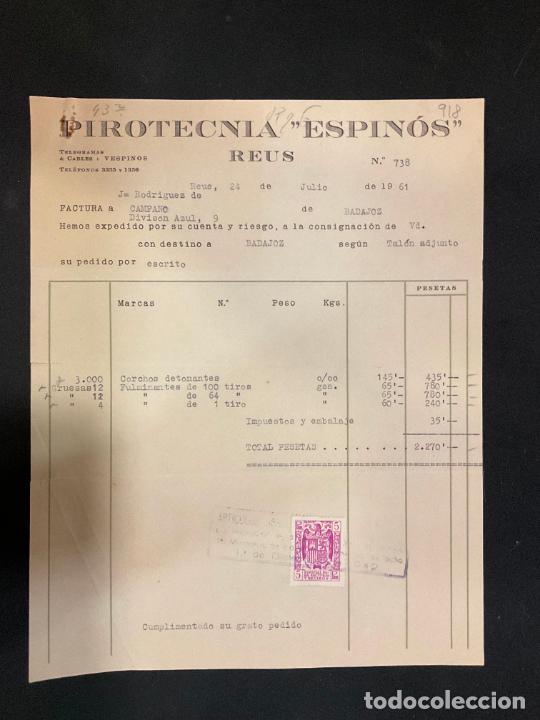 Factures anciennes: FACTURA. PIROTECNIA ESPINOS. REUS. 1961. CORCHOS DETONANTES.