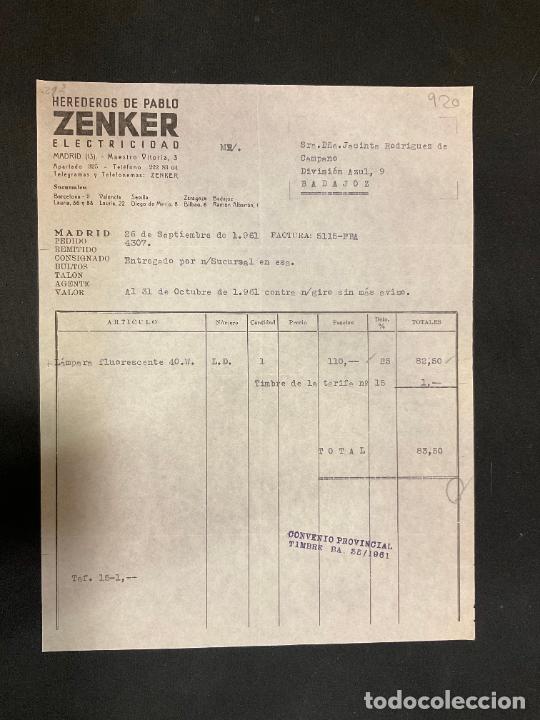 Factures anciennes: FACTURA. HEREDEROS DE PABLO ZENKER. ELECTRICIDAD. MADRID 1961. ZENKER