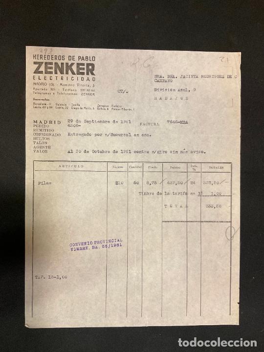 Factures anciennes: FACTURA. HEREDEROS DE PABLO ZENKER. ELECTRICIDAD. MADRID 1961. ZENKER