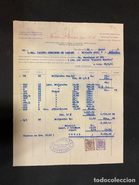 Factures anciennes: FACTURA. JUAN LLORENS HIJO. OBJETOS PARA OFICINA Y ESCRITORIO. BARCELONA 1961