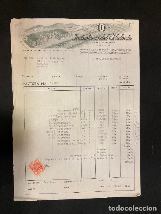 Facturas antiguas: FACTURA. INDUSTRIAS DEL CELULOIDE. ERNESTO REINER. 1952 DEVA GUIPUZCOA.