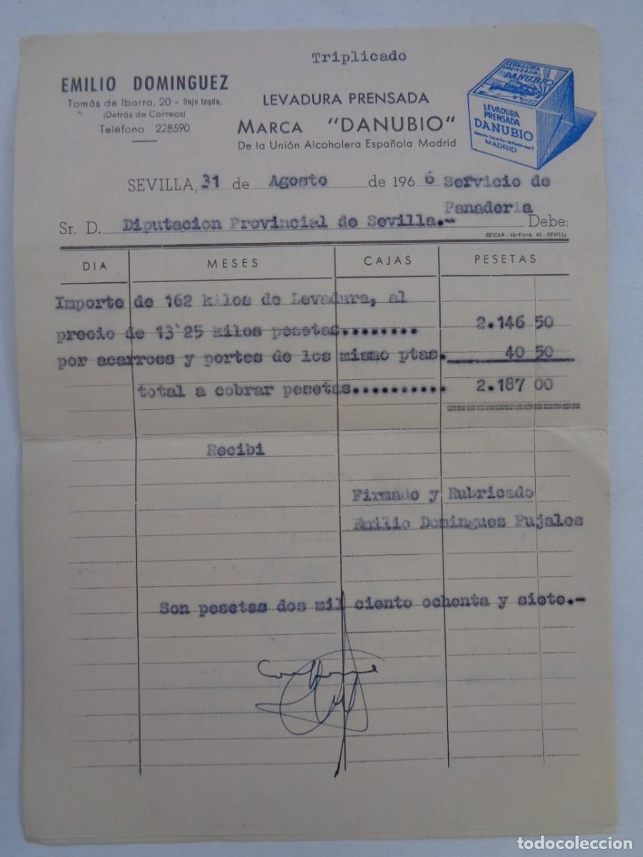 Factures anciennes: FACTURA DE EMILIO DOMINGUEZ , LEVADURA PRENSADA MARCA &uml; DANUBIO &uml;. PARA DIPUTACION SEVILLA, 1966