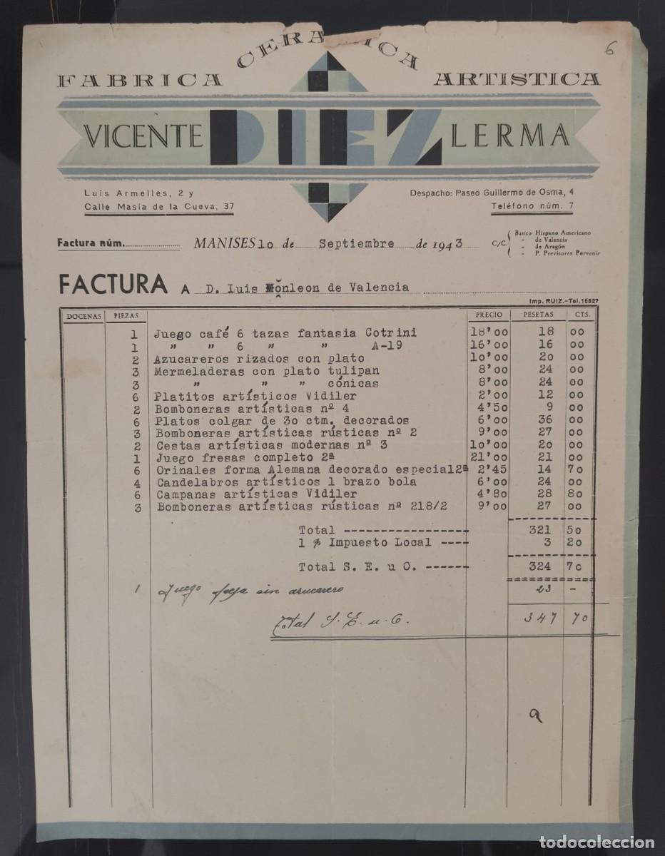 Factures anciennes: Papel factura fabrica ceramica artistica Vicente Lerma Valencia Manises a&ntilde;o 1943