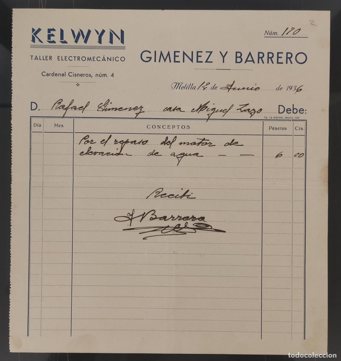 Factures anciennes: Papel factura taller electromecanico Kelwyn Gimenez y Barrero Melilla a&ntilde;o 1936