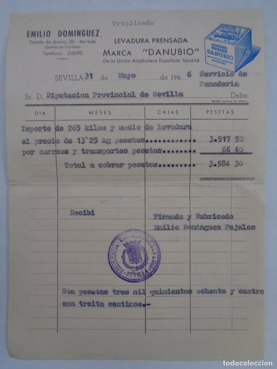 Factures anciennes: FACTURA DE EMILIO DOMINGUEZ , LEVADURA PRENSADA MARCA &uml; DANUBIO &uml;. PARA DIPUTACION SEVILLA, 1966