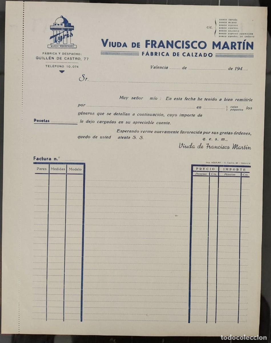 Factures anciennes: Papel factura fabrica de calzado viuda de Francisco Martin Valencia a&ntilde;o 1940-49 sin usar