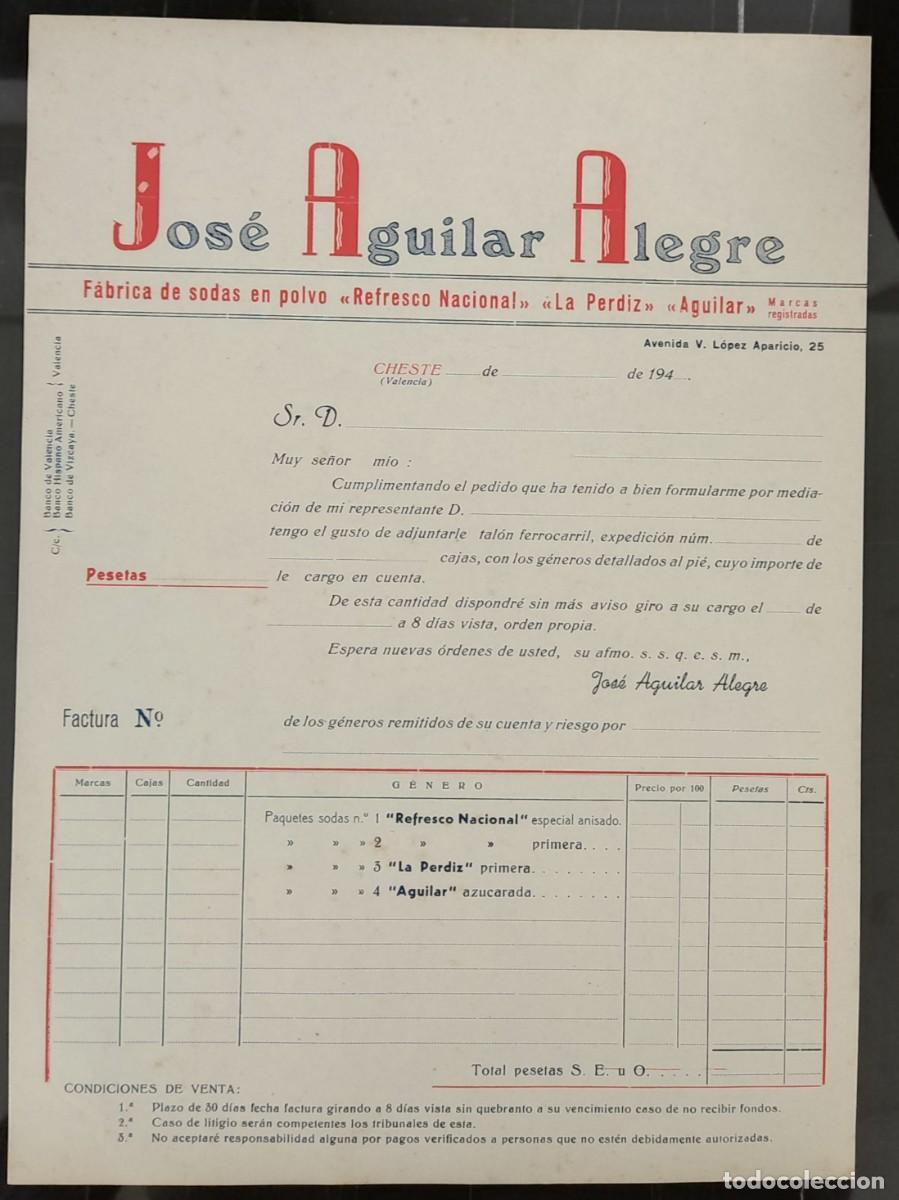 Factures anciennes: Papel factura fabrica de sodas en polvo Jose Aguilar Alegre Valencia Cheste a&ntilde;o 1940-49 sin usar