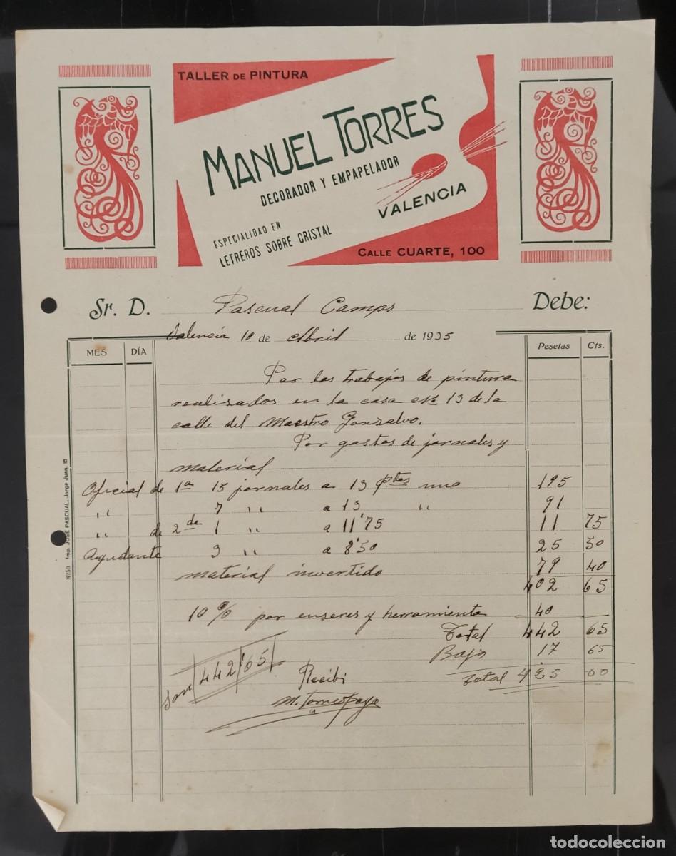 Factures anciennes: Papel factura decorador y empapelador Manuel Torres Valencia a&ntilde;o 1935