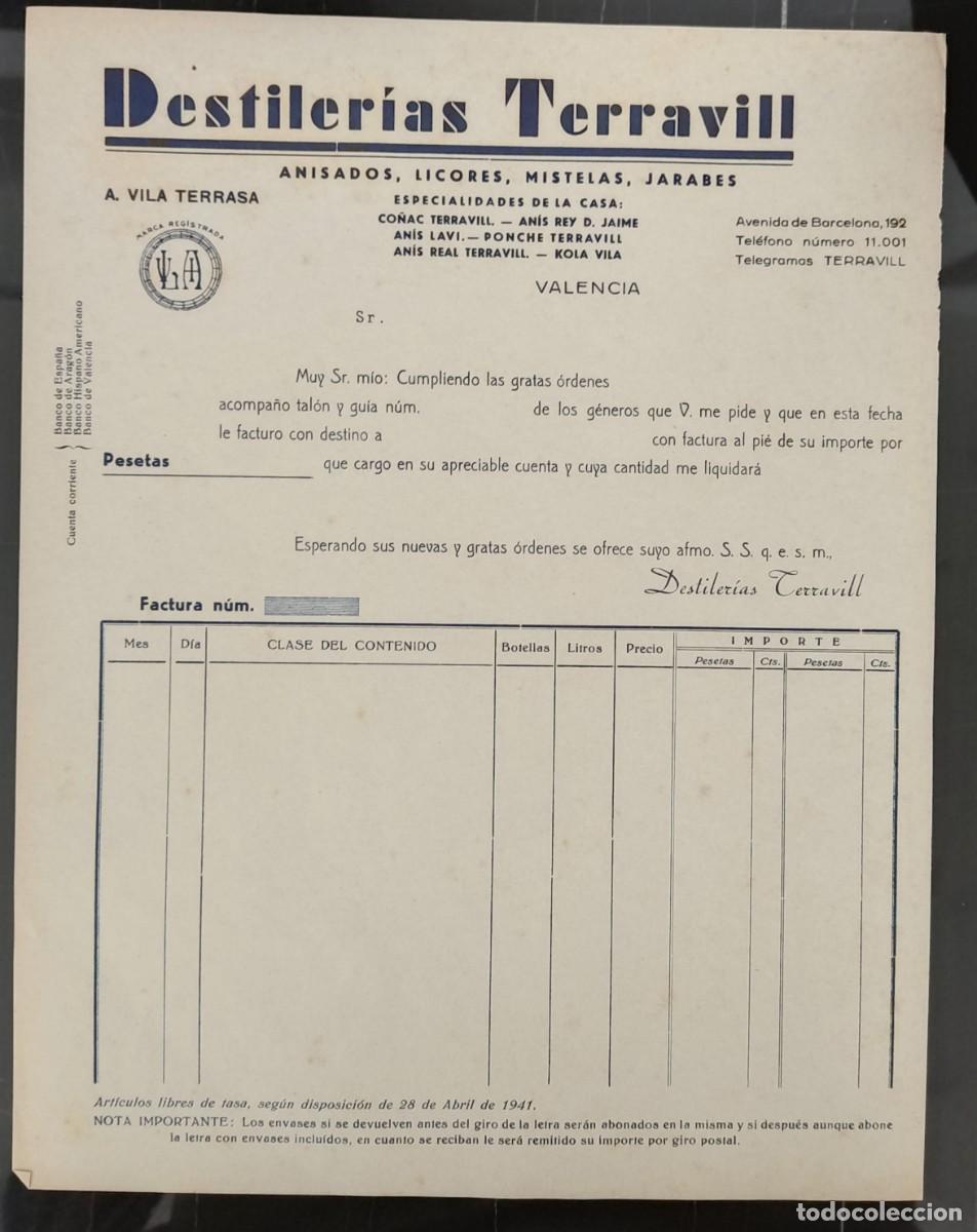 Factures anciennes: Papel factura anisados jarabes destilerias Terravill Valencia a&ntilde;o 1941 sin usar marca registrada