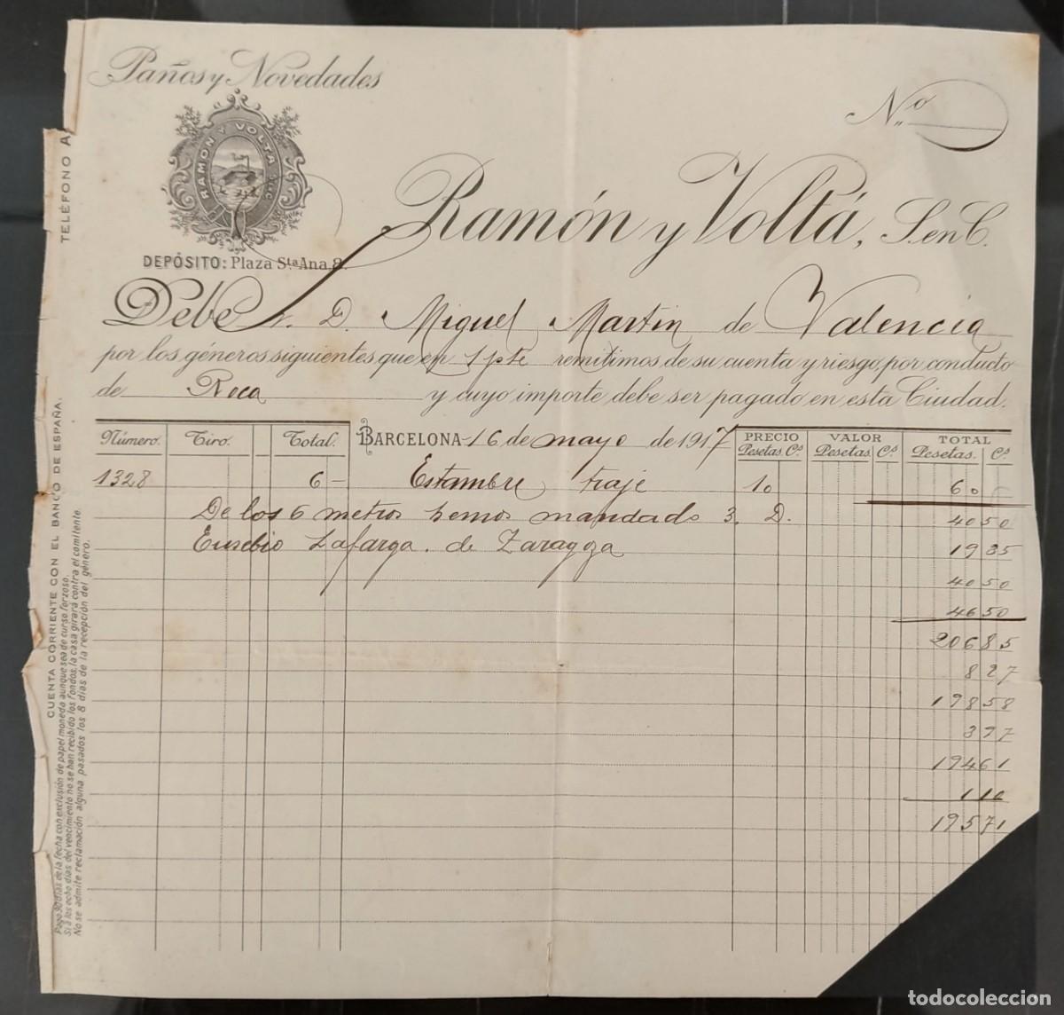 Factures anciennes: Papel factura pa&ntilde;os y novedades cuenta corriente Ramon y Volta Valencia a&ntilde;o 1917