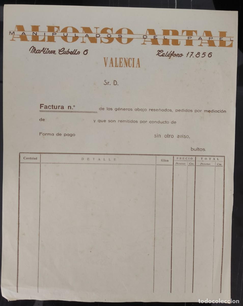 Factures anciennes: Papel factura manipulados de papel Alfonso Artal Valencia a&ntilde;os 20-30-40 sin usar