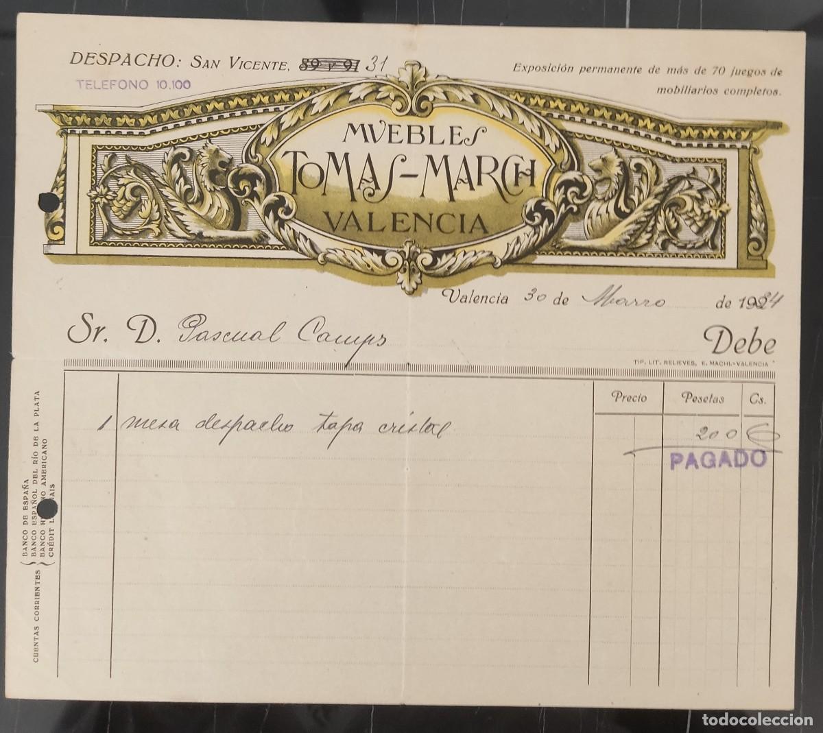 Factures anciennes: Papel factura muebles Tomas March Valencia a&ntilde;o 1924 modernista