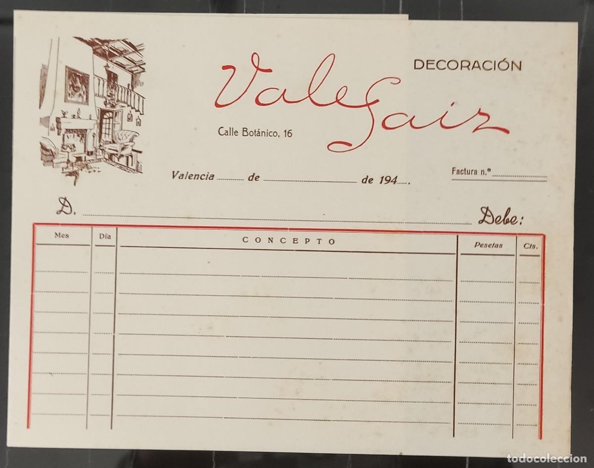 Factures anciennes: Papel factura muebles valefaiz Valencia a&ntilde;o 1940-49 sin usar