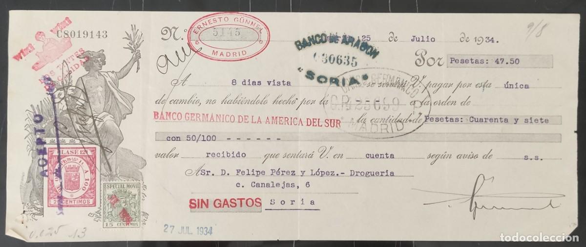 Factures anciennes: Letra de cambio 1934 banco de arag&oacute;n ernesto g&uuml;nnel banco germ&aacute;nico madrid